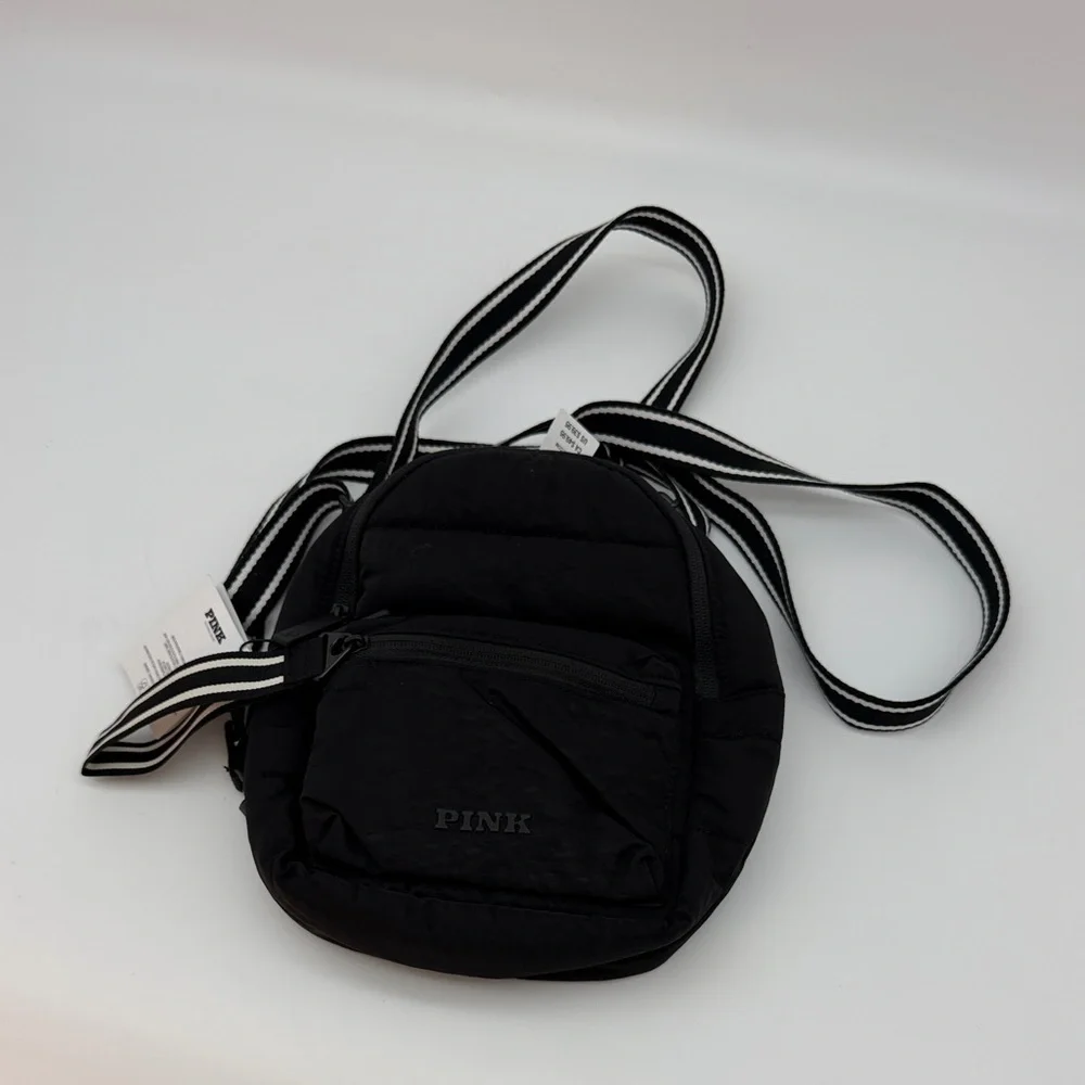 PINK Victoria's Secret Black Quilted‎ Mini Backpack with Striped Straps